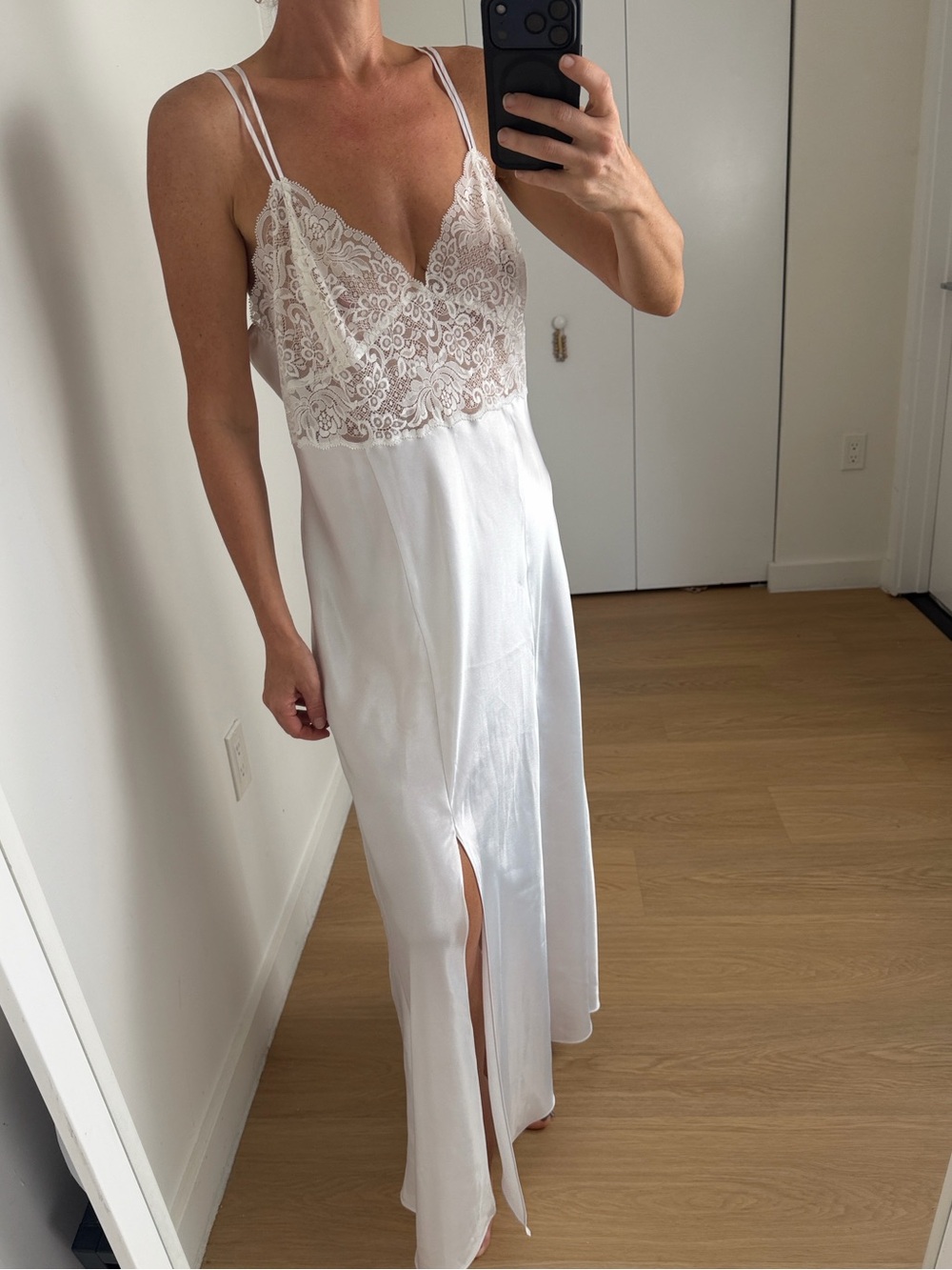 1990’s Vintage Victoria’s Secret Lace Satin Slip Full Nightgown w Side Slit L
